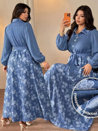 Plus Size - Summer Hot New Plus Size Women'S Casual Elegant French Belt Print Long Sleeve Dress - Bright Steel Blue