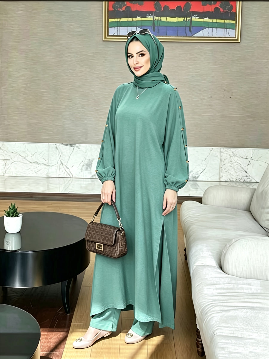 2026 New Loose, Casual And Fashionable, Commuting All-Purpose Long Two-Piece Set with Round Neck And Golden Button Pocket Design - 8075 Army Green