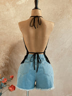Halter Neck Deep V Tassel Camisole, Hot Style Slim Fit Ruched Top, Vacation Style Personalized Decorative Vest, Women'S Vacation Casual Backless Sleeveless Top, Tassel Hem, Can Be Worn Inside Or Out, Suitable for All Seasons - Black