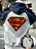 Men'S Drop Shoulder Color-Block Hooded Zipper Cardigan Sweatshirt, DC Retro Cracked Superman Logo Print, Autumn/Winter Loose Contrast Striped Sporty Hoodie, Trendy Fashion Casual All-Match Sporty Zipper Pocket Hooded Men'S Sweatshirt - Navy Blue And Grey