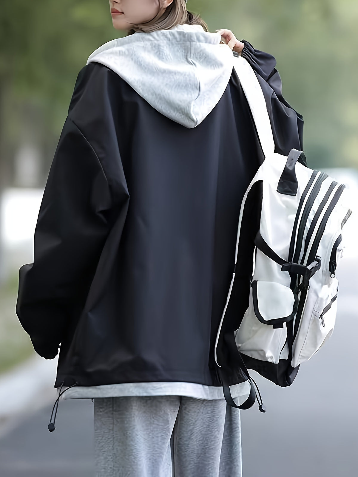 New Women's Casual 2-in-1 Look Workwear Trench Coat, Loose American-Style Hooded Jacket Outerwear Top - Black