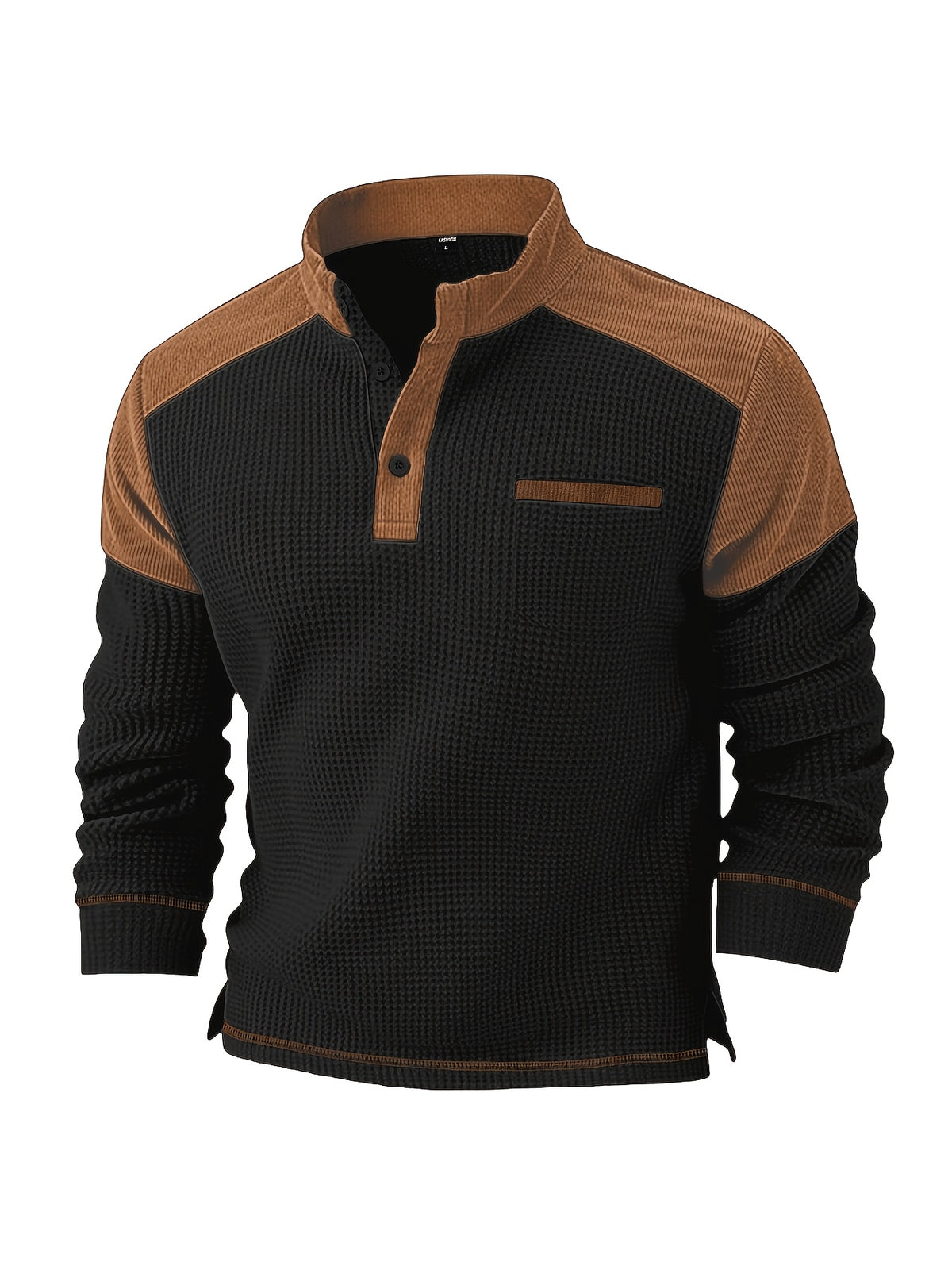 Xingfan OBM 5pcs Set Men's Waffle Knit Henley Long-Sleeve Top, Contrast Corduroy Patchwork, Half-Button Stand Collar, Vintage Casual, Autumn/Winter Warm Multi-Color Set - Mixed colors