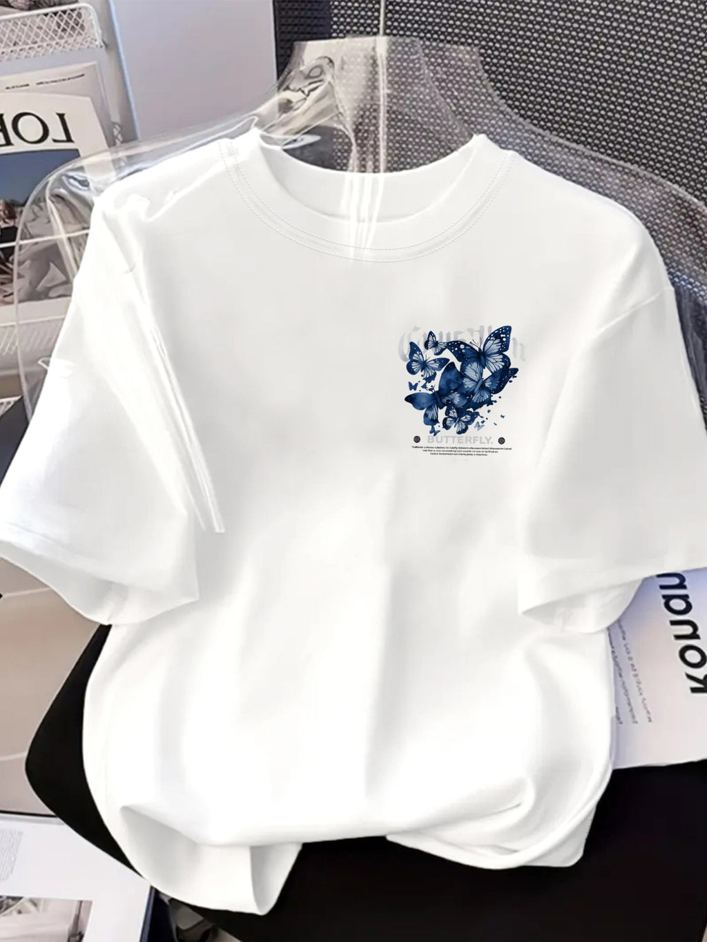 Short-Sleeve T-Shirt - Butterfly, Blue - Women's Spring/Summer Trendy Printed T-Shirt, Your Best Choice! - White
