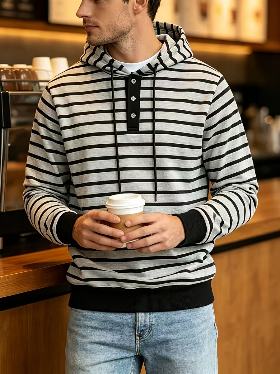 2026 New Men'S Striped Hooded Sweatshirt, Half-Button Drawstring Hoodie, Casual Long Sleeve Pullover Top - Light Grey
