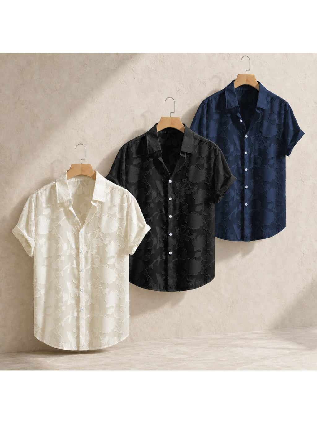 Men's 3pcs Botanical Floral Jacquard Short-Sleeve Shirt Set - Navy Blue, Ivory White, and Black, 100% Polyester, for Summer Beach Vacation Travel - Navy Blue + Ivory White + Black