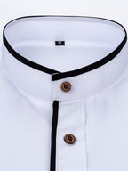 Men'S Short-Sleeved Shirt, Henley Collar/Stand-Up Collar Design, Placket Splicing Contrast Color Design - White