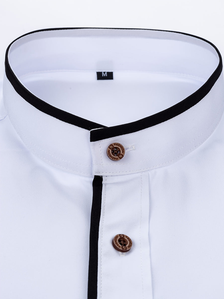 Men'S Short-Sleeved Shirt, Henley Collar/Stand-Up Collar Design, Placket Splicing Contrast Color Design - White