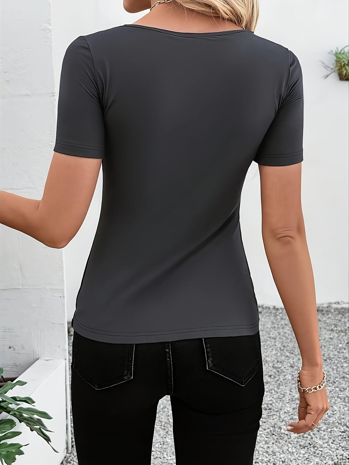 Women's Summer Shell Trim T-Shirt V-Neck Short Sleeve Fitted Sexy Top - Dark Gray
