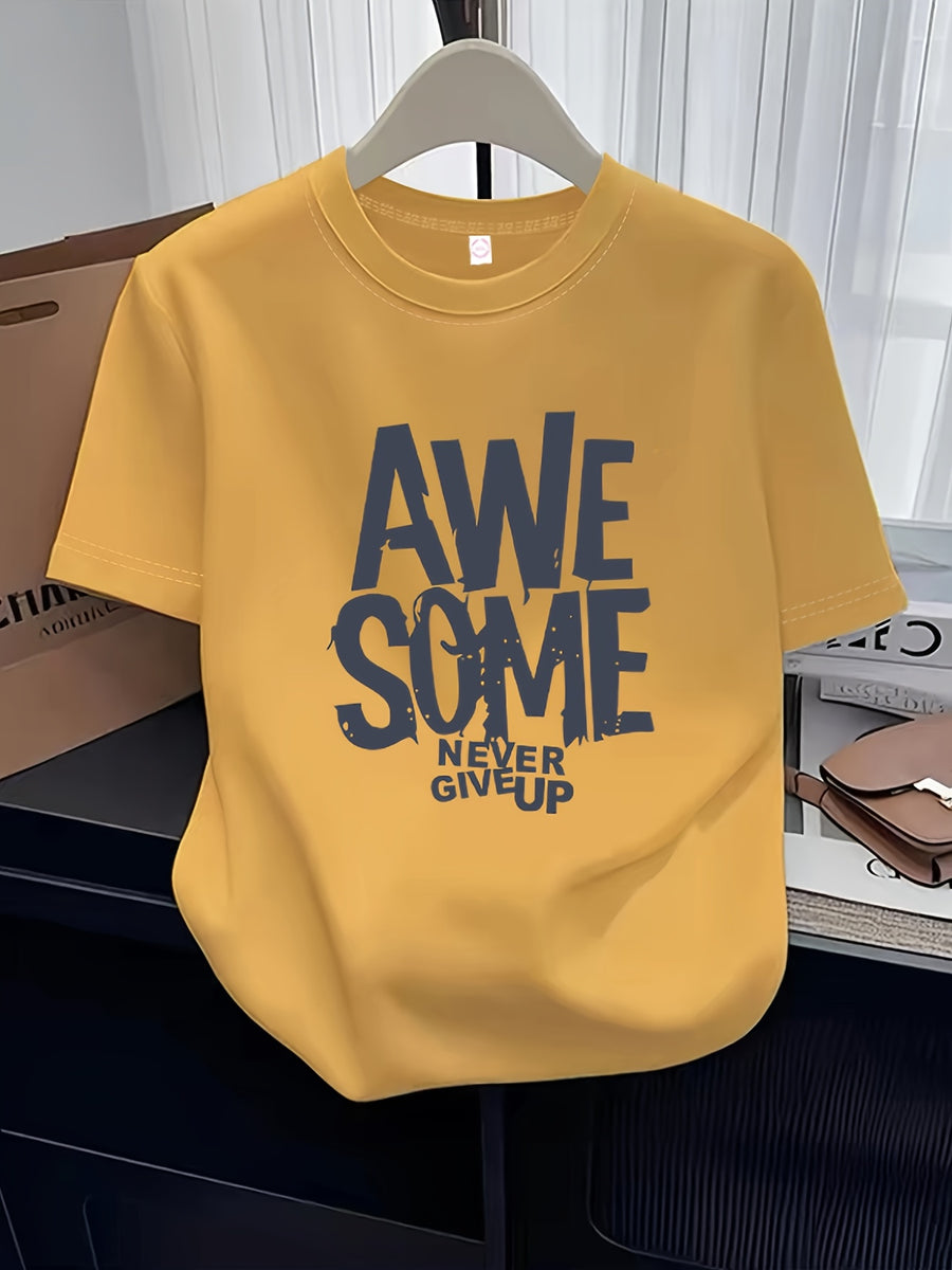 Spring/Summer Simple Round Neck Fashionable Loose-Fit Versatile Casual Short-Sleeve T-Shirt for Women, Printed Tee - Yellow