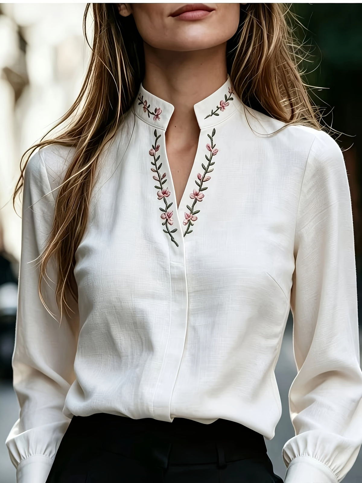 Women's -Neck Floral Blouse Shirt - Stand Collar Long Sleeve Blouse Top with -Neck Collar & Embroidery, Machine Washable Suitable for Office, Commuting, Casual Wear, Year-Round Elegant Blouse Shirt for Professional Attire - White