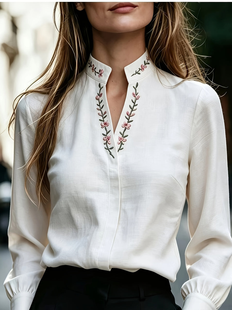 Women's -Neck Floral Blouse Shirt - Stand Collar Long Sleeve Blouse Top with -Neck Collar & Embroidery, Machine Washable Suitable for Office, Commuting, Casual Wear, Year-Round Elegant Blouse Shirt for Professional Attire - White