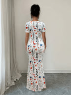 Women'S Summer Short Sleeve Dress, Digital Print Vacation Dress, Beach Vacation Dress, Slit Hem, Ruched Waist Long Dress - White