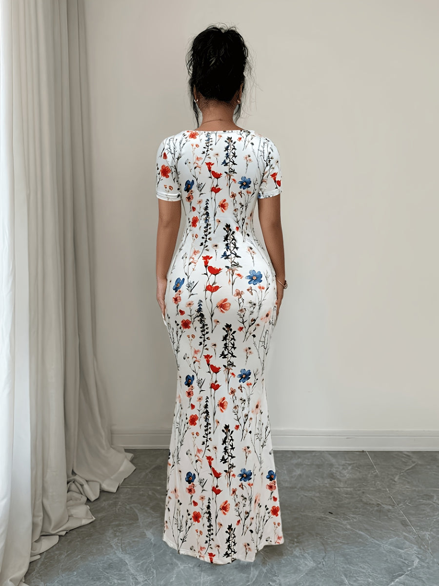 Women'S Summer Short Sleeve Dress, Digital Print Vacation Dress, Beach Vacation Dress, Slit Hem, Ruched Waist Long Dress - White