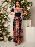 Retro Floral Off-Shoulder Women'S Dress, Artistic Patchwork And French Bare-Shoulder Style - Multicolor
