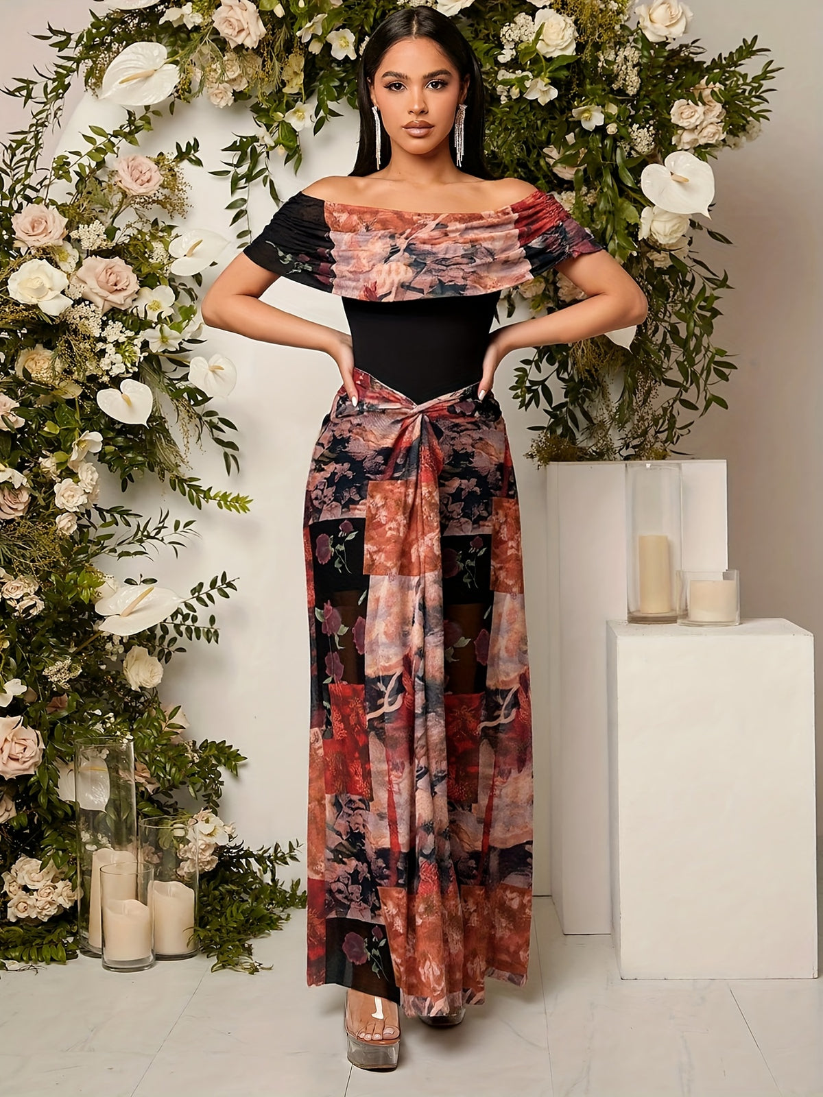 Retro Floral Off-Shoulder Women'S Dress, Artistic Patchwork And French Bare-Shoulder Style - Multicolor