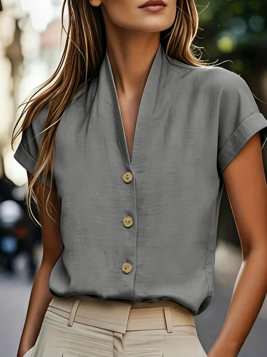 Spring and Summer Korean Style Easy V-Neck Ruffled Sleeve Shirt - Grey