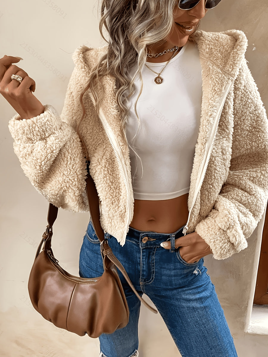 Autumn/Winter Solid Color Zip-Up Cropped Hooded Teddy Jacket - Khaki