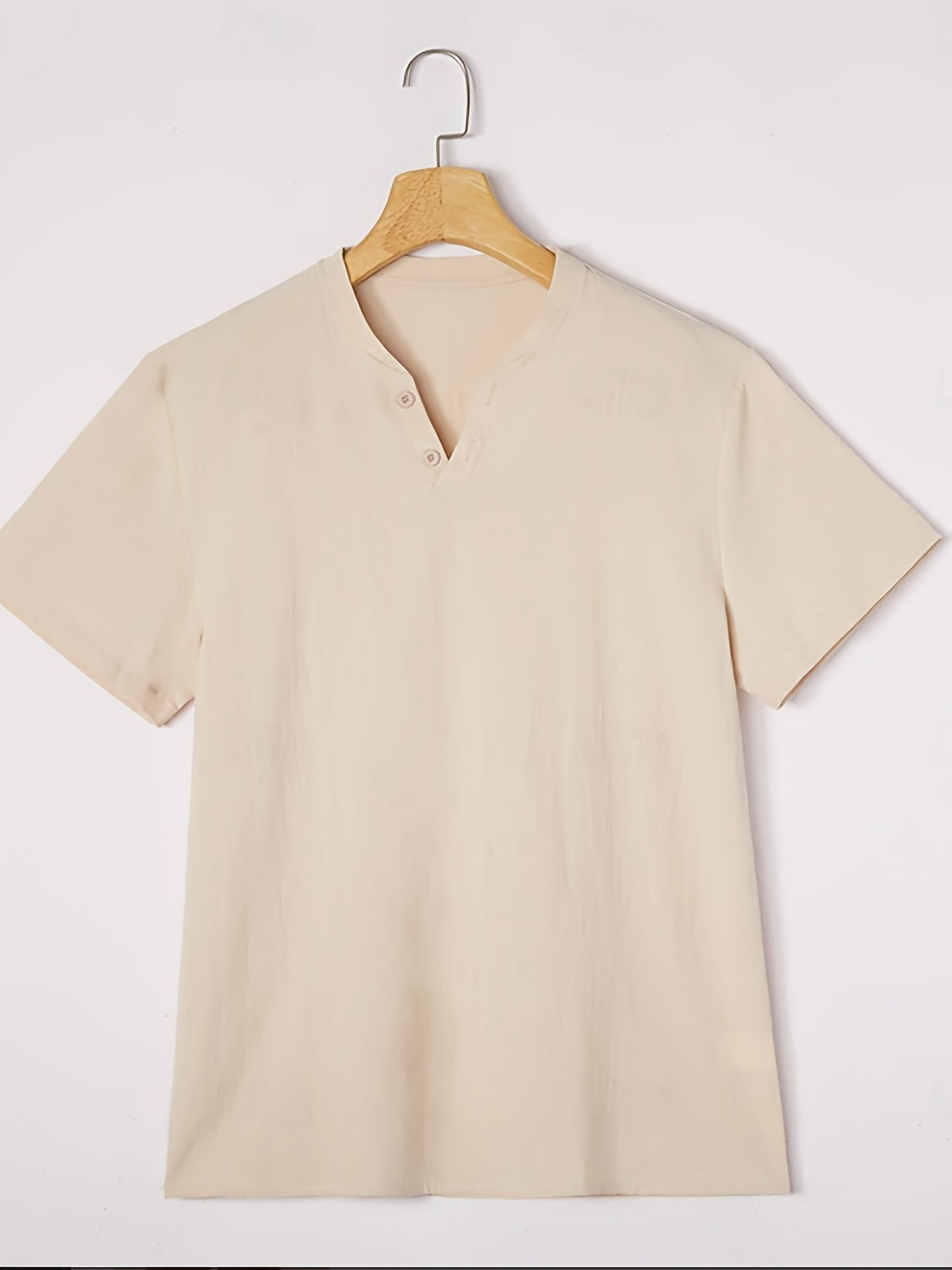 Men'S Summer Solid Short Sleeve T-Shirt, Button-Up V-Neck Casual Top, Soft And Comfortable Linen Fabric, Suitable for Daily Home And Outdoor Wear - Khaki
