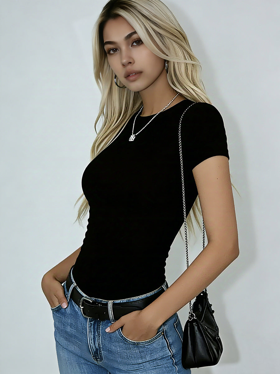 3pcs, Women'S Short Sleeved T-Shirt Summer Crop Top Basic Style Slim Fit, Shopping, Dating, Y2K Clothing - White+gray+black