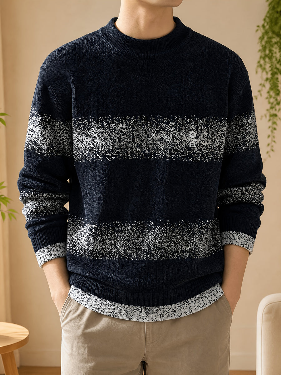 1pc Du Jing Lan OBM Men's Knit Sweater - Old Money Style Color Striped Crew Neck Sweater Suitable for Layering, Business Casual & Outdoor Wear, Warm Winter Pullover for Golf, Basketball, Running, Daily Layering (Regular Fit) - Black