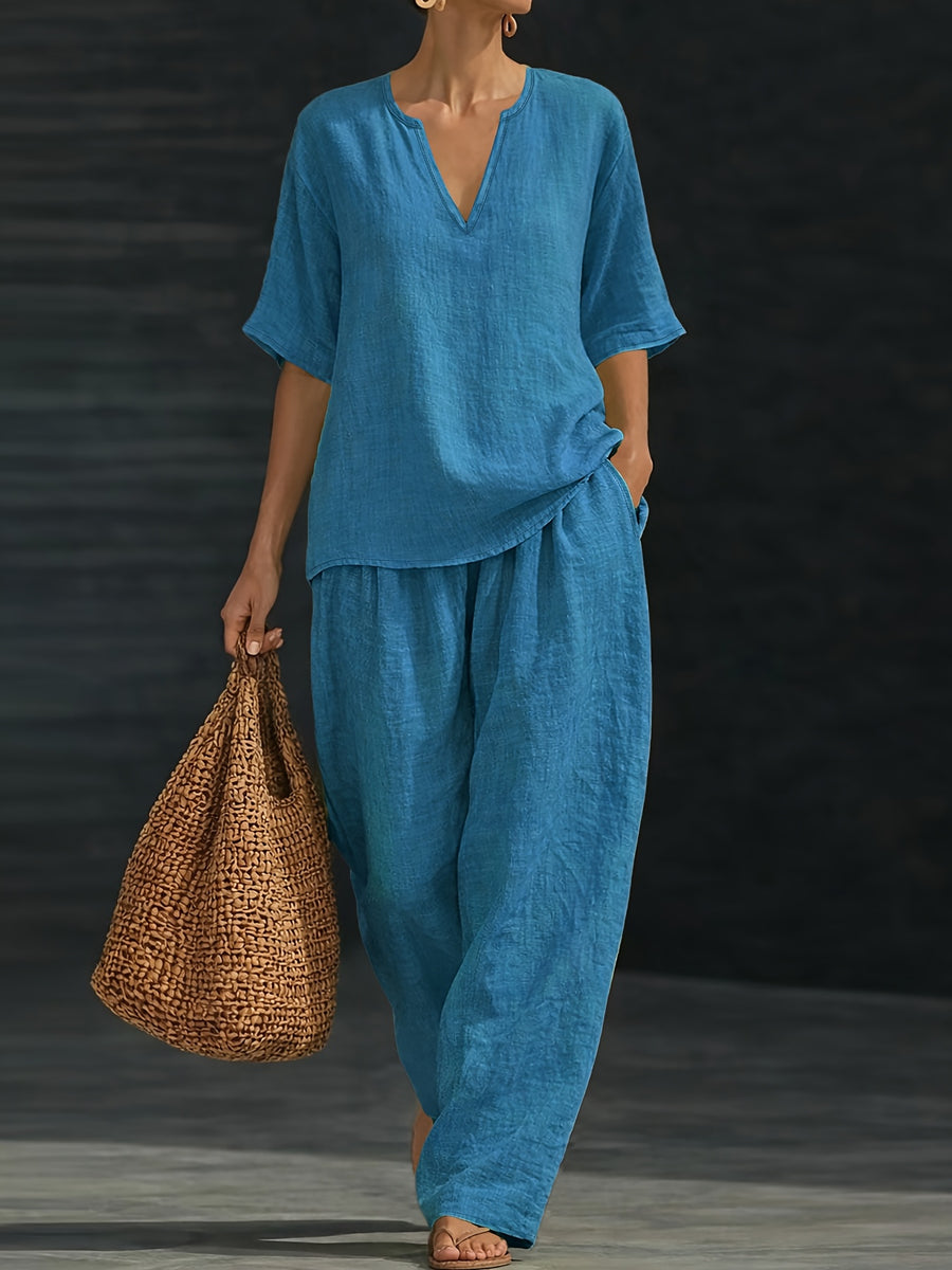Women's Summer Casual 2pcs Set: Loose V-Neck Top + Wide-Leg Pants - Blue