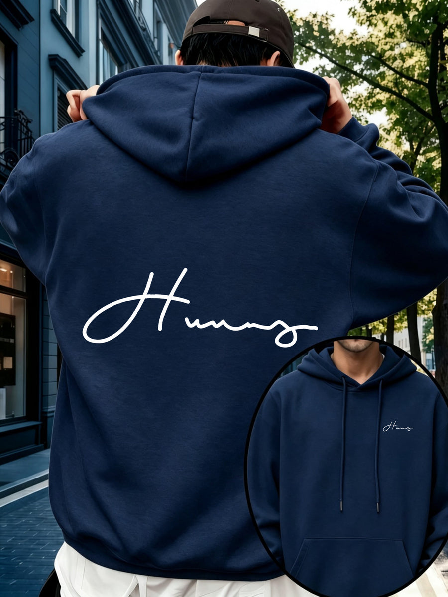 Men'S Hoodie, Casual Daily Wear, Signature Script Print, Pullover Sweatshirt, Streetwear Style, Autumn Winter Outdoor, Oversized Fit with Front Pocket - Navy Color