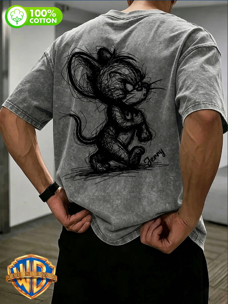 1pc, Men'S 100% Washed "Vintage Art Sketch Cartoon Print T-Shirt, Vintage Washed Distressed Fabric" Casual All-Match Loose Summer Round Neck Short Sleeve, Double-Sided Print - Suitable for Outdoor Activities, Gym, Daily Wear - Grey