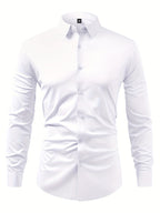 2pcs Set of Seamless Pressure Adhesive High-Elasticity Non-Iron Men'S Dress Shirt Long Sleeve Business Casual Formal Top, Material 88% Polyester 12% Spandex, Fabric Weight 160G, Casual - Black+White