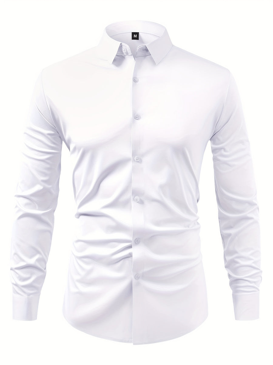 2pcs Set of Seamless Pressure Adhesive High-Elasticity Non-Iron Men'S Dress Shirt Long Sleeve Business Casual Formal Top, Material 88% Polyester 12% Spandex, Fabric Weight 160G, Casual - Black+White