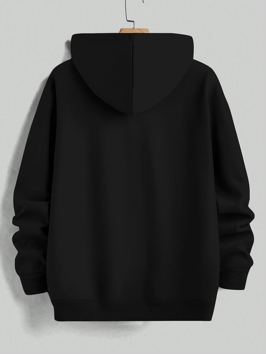 American High Street Handwritten Signature Hooded Sweatshirt for Men, Trendy Casual Pullover Top, Versatile Daily Wear, Slimming Long Sleeve Commuter Hoodie - Black