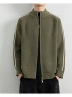 [Wading Whale OBM] Spring/Autumn New Men'S Knit Cardigan, Old Money Style Color-Block Striped Zipper Front Stand Collar Cardigan for Men, Business Casual Fashion Knitwear, Suitable for Spring, Autumn, Winter Layering Or Outerwear, Fits Daily Casual - Olive