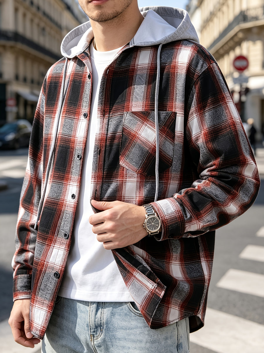 Men'S Hooded Plaid Shirt Jacket, Classic Color-Block Checkered Design, Layered And Practical, Loose Drop Shoulder Fit, Easy And Elegant Chest Pocket Detail, Suitable for Spring/Autumn Daily Commute, Casual Outings, And Dates - Black Orange Grid