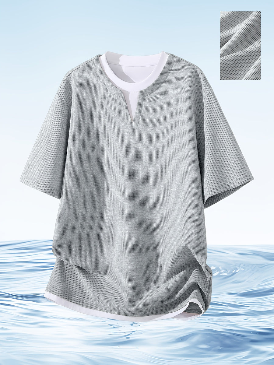 MIANZHI Men's Short Sleeve American Streetwear Brand T-Shirt, New Summer Loose Fit Casual 2-in-1 Look Half Sleeve Heavyweight Waffle Knit Fashion Outdoor Sports Top - Grey
