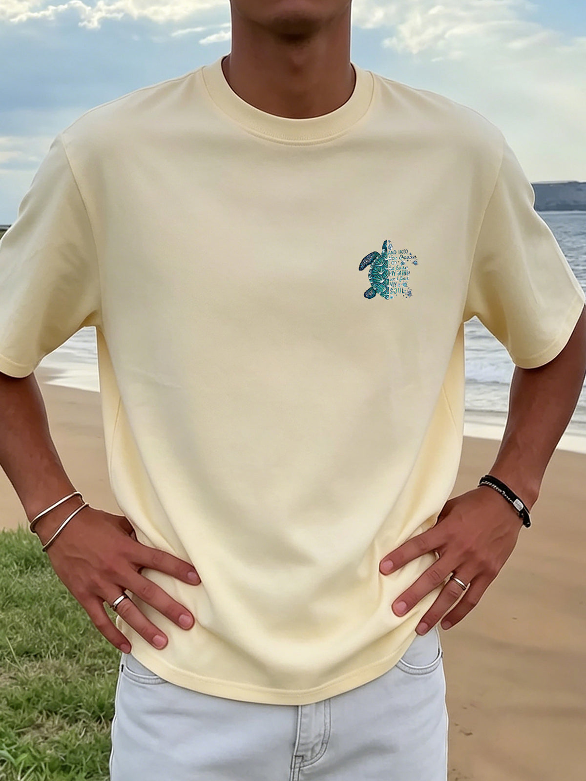New Men'S 100% T-Shirt with Turtle Print, Comfortable And Breathable for Summer Casual Vacation - Apricot