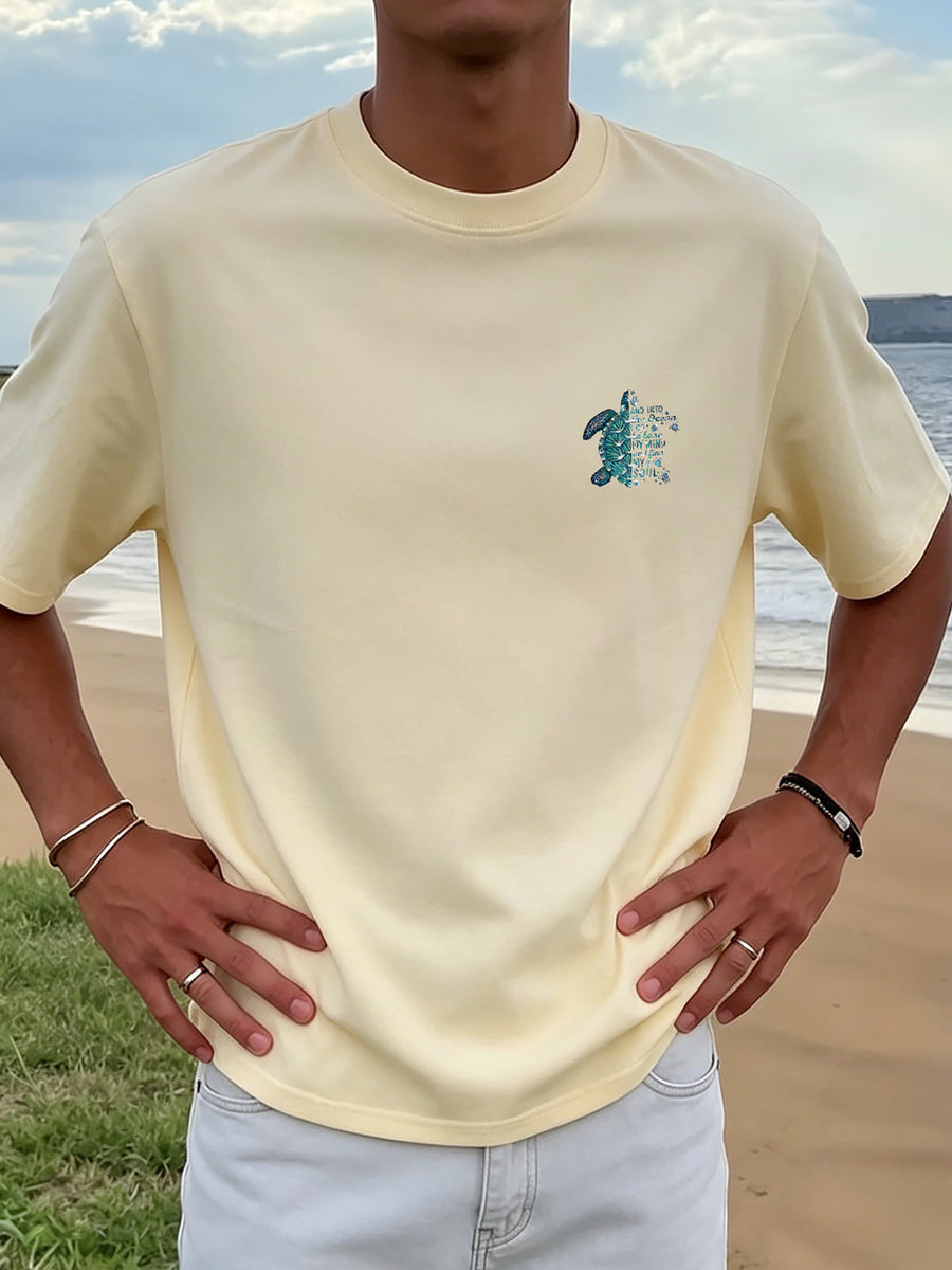 New Men'S 100% T-Shirt with Turtle Print, Comfortable And Breathable for Summer Casual Vacation - Apricot