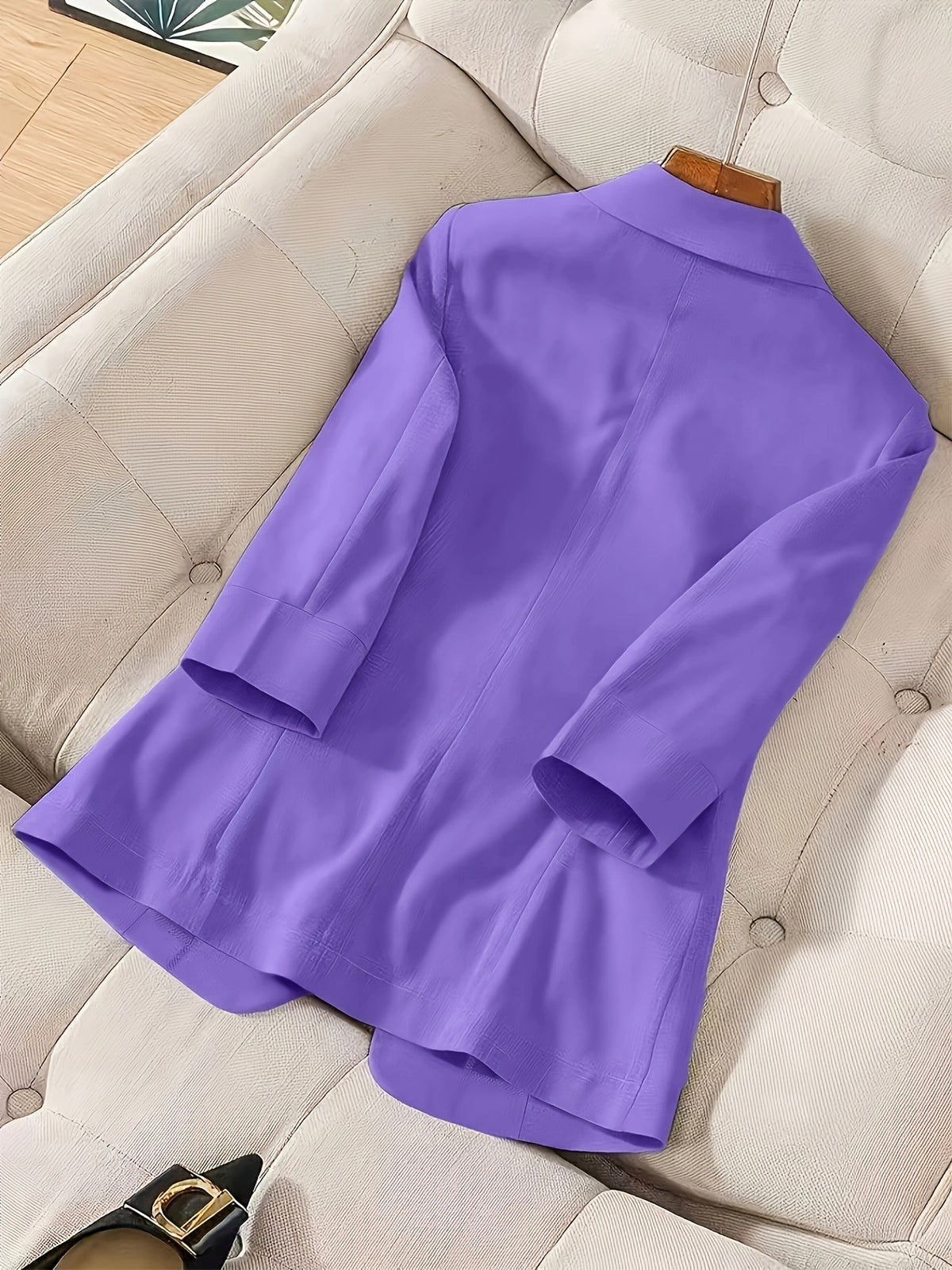 2026 New Solid Color Three-Quarter Sleeve Button Pocket Decoration Three-Dimensional Cut Slim Fit Commuter Casual Versatile Workplace - Violet