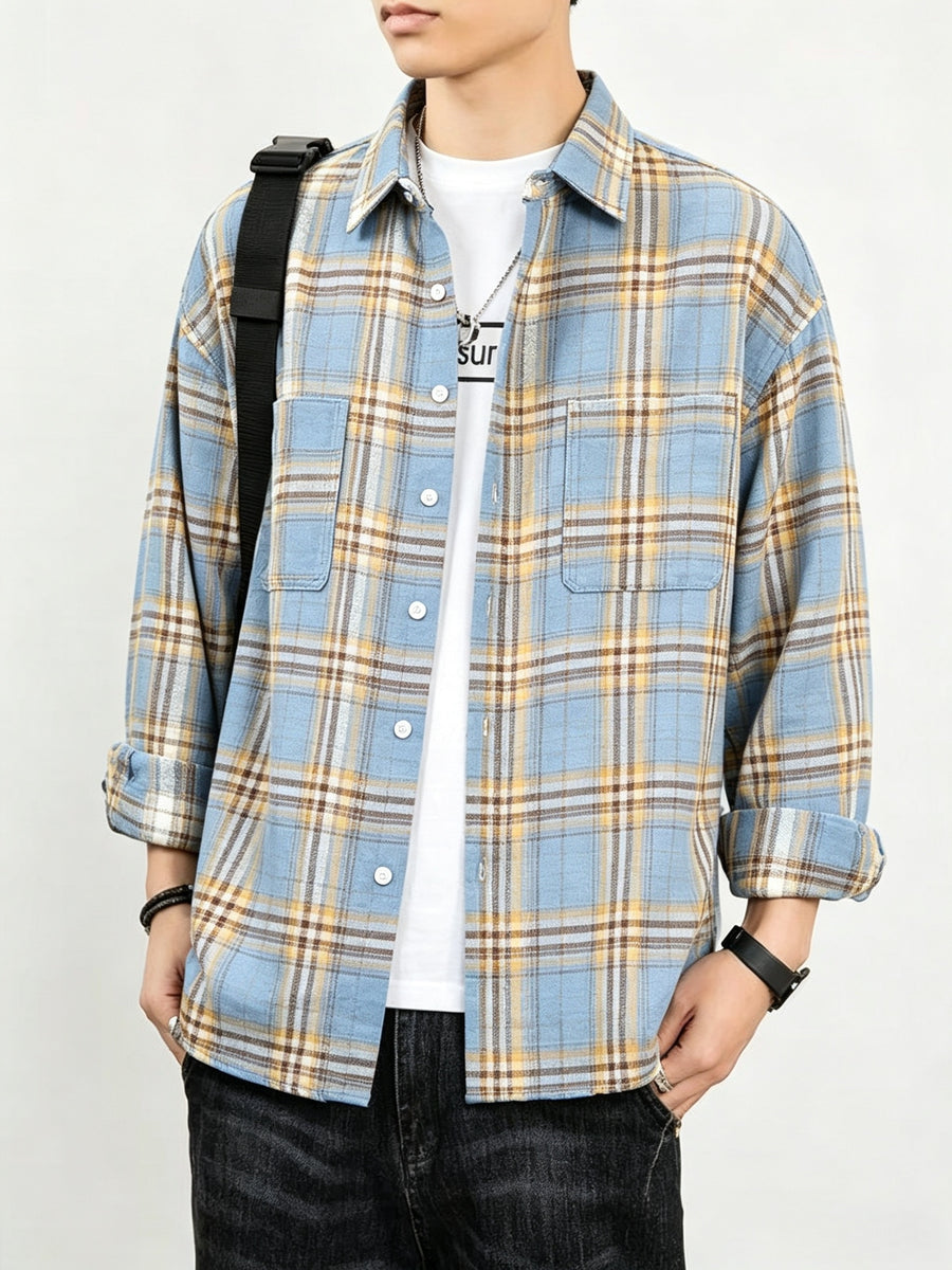Men'S Casual Plaid Long Sleeve Shirt, Lapel Button-Up Shirt, Double Pocket Design, Classic Checkered Pattern, Twill Fabric, Comfortable And Breathable, Suitable for Spring And Autumn, Casual Outing, Men'S Dress Shirt, Men'S Shirt, Casual Business - Blue And Yellow Grid