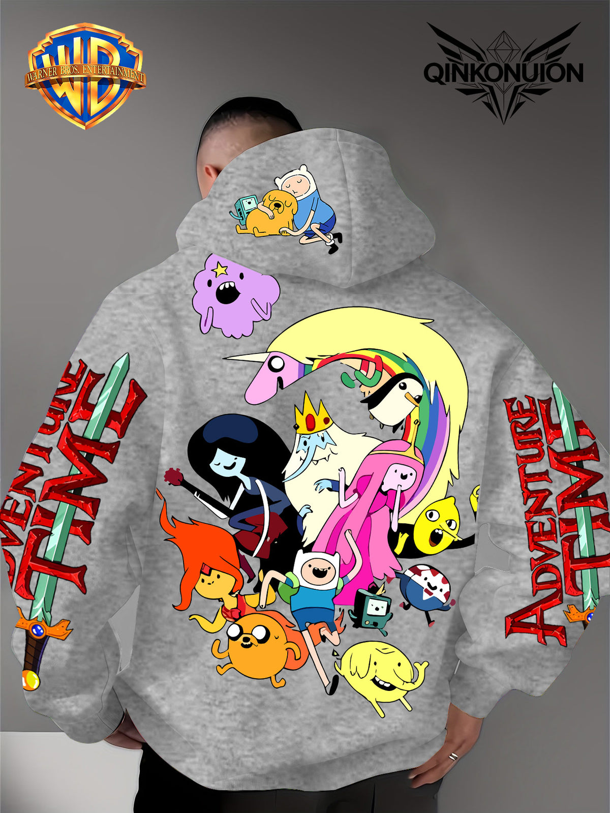 Warner Official Men's Hooded Sweatshirt, Adventure Treasure Colorful All Party Carnival Gathering Print Design, Machine Washable, Warm and Casual for Autumn and Winter, Daily Drawstring Hooded Sweatshirt, Multifunctional Sports and Leisure Loose Fit - Light Grey