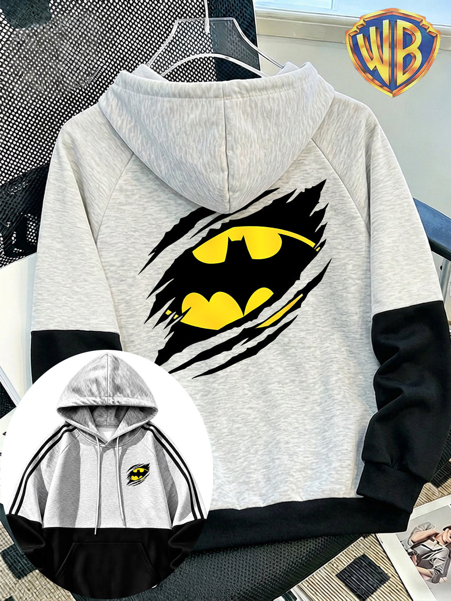 WB Men's Batman Logo Hooded Sweatshirt Jacket - Warner Bros. Official Merchandise, Torn Claw Bat Emblem Front & Back Print, Color Block Spliced Hoodie with Kangaroo Pocket, Loose Fit Pullover Suitable for All Seasons, Machine Washable Gift - Black And Grey
