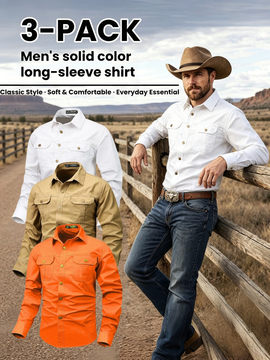 Men'S 3pcs Set of Solid Color Long-Sleeve Work Shirts, Double-Pocket Practical Western Style Shirts, Suitable for Outdoor, Construction Site, Commuting And Various Indoor/Outdoor Scenarios, Autumn Menswear - White+Khaki+Orange