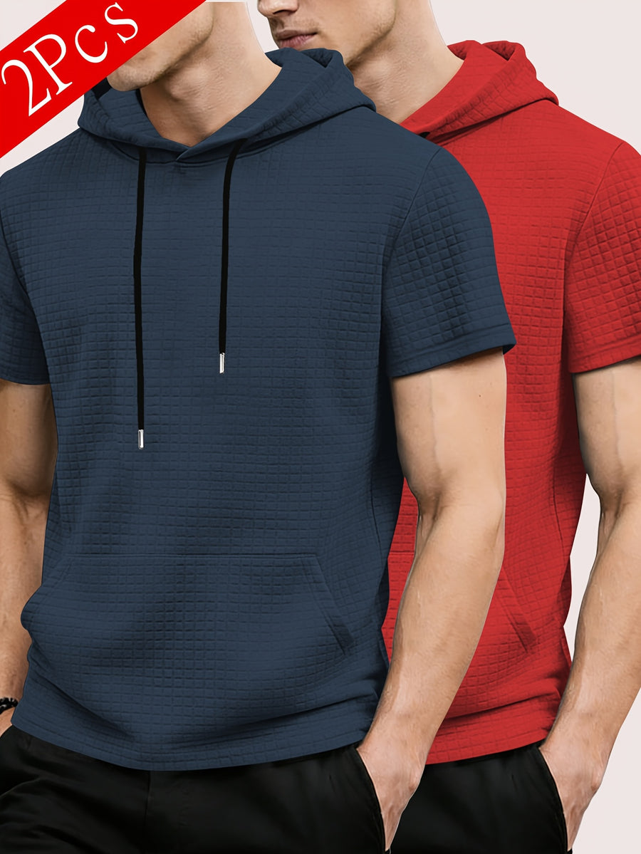 2pcs Men's Waffle Knit Short-Sleeve Hoodie with Kangaroo Pocket, Soft and Breathable Fabric, Multiple Color Options, Versatile, Simple, Stylish, and Casual for Daily Wear or Sports, a Great Choice for Holiday Gifts for Fathers, Partners, and Friends - Navy Blue+Red