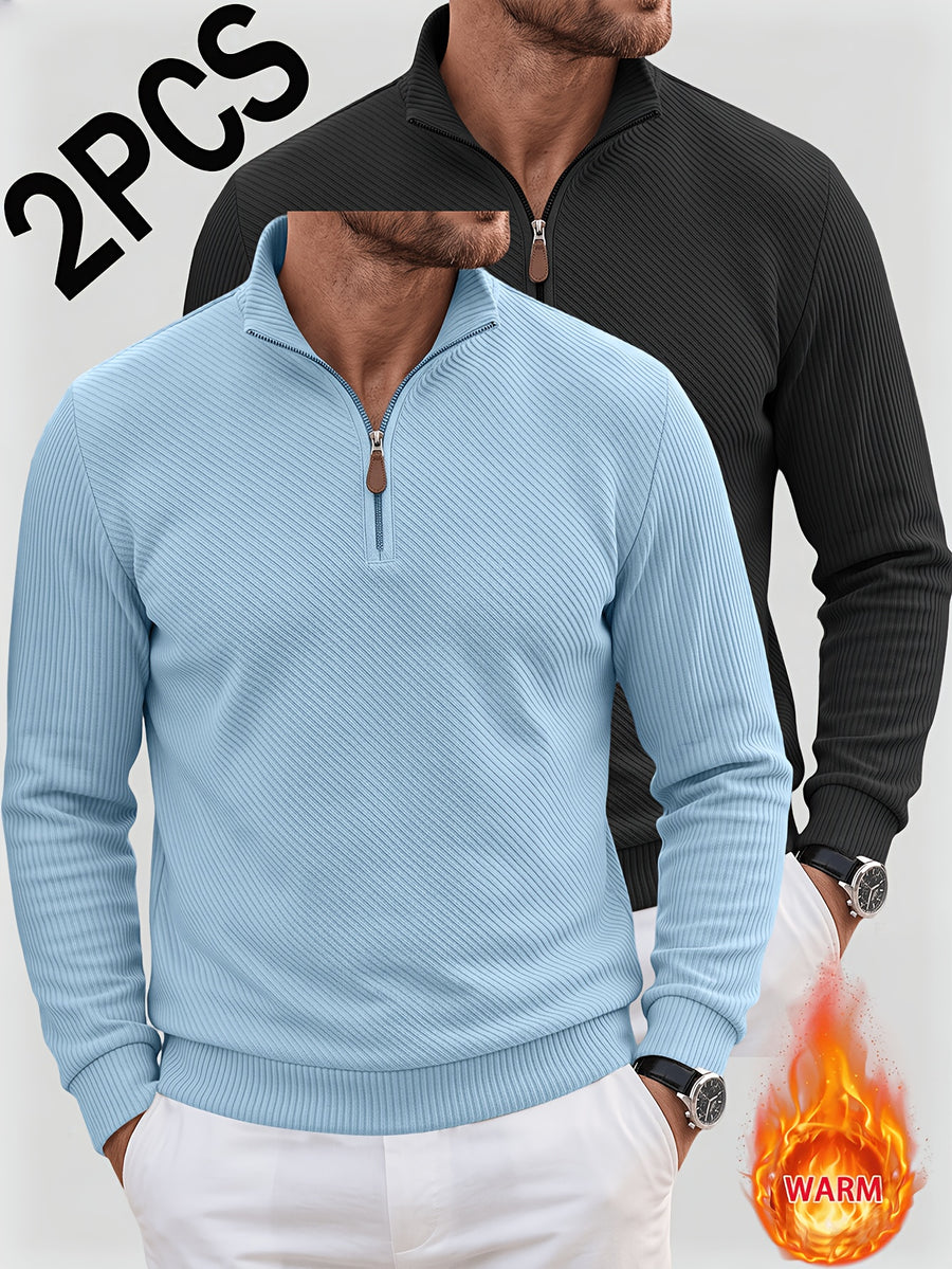 2pcs Men'S Autumn Winter New Corduroy Textured Half-Zip Stand Collar Knit Sweater Set, Light Luxury Long Sleeve Elastic Ribbed Base Layer Business Casual Inner Outerwear; Daily Commute, Home Entertaining, Camping Dating Scenarios - Light Blue+Black
