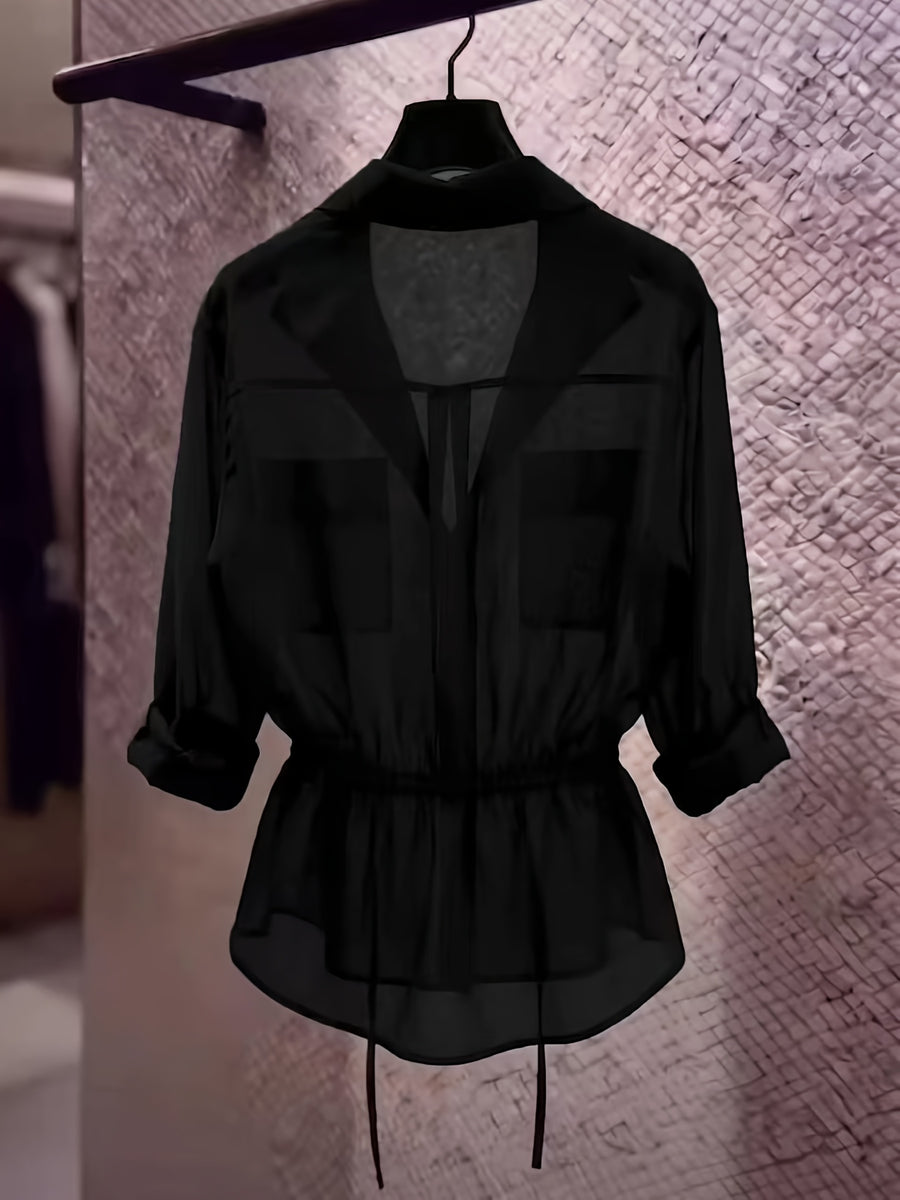 Drawstring Waist Chiffon Shirt, Lapel Collar with Cargo Pockets - Black