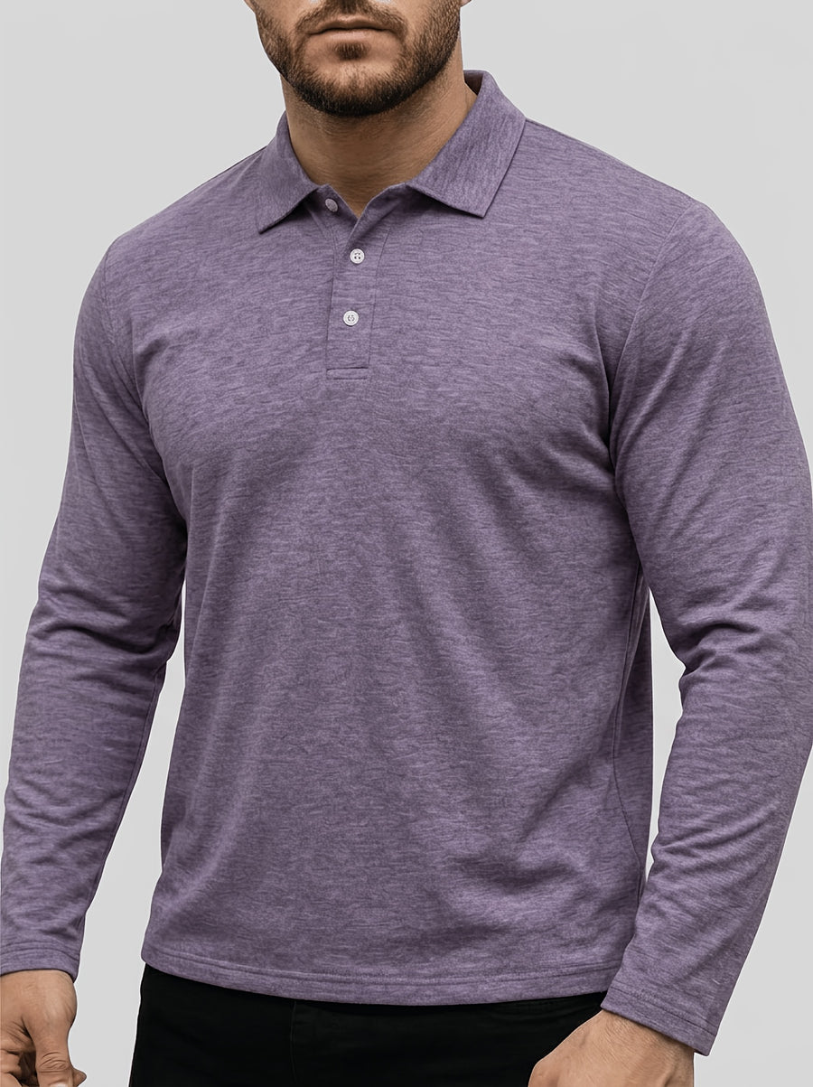 Spring/Autumn Men's Long-Sleeve T-Shirt, Men's Business Shirt, Open-Collar Lapel Color-Block Men's T-Shirt, Casual Party Wear, Suitable for Various Styling Combinations, Travel, Golf, Daily Wear, Suburban Outings, Family Trips, Parent-Teacher - Light Purple