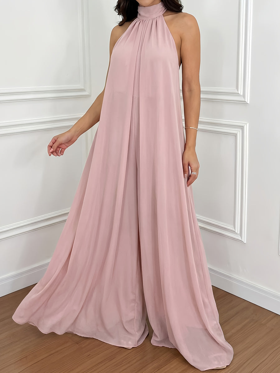 Women'S Casual Vacation Chiffon Halter Neck Backless Wide-Leg Jumpsuit - Pale Pinkish Gray