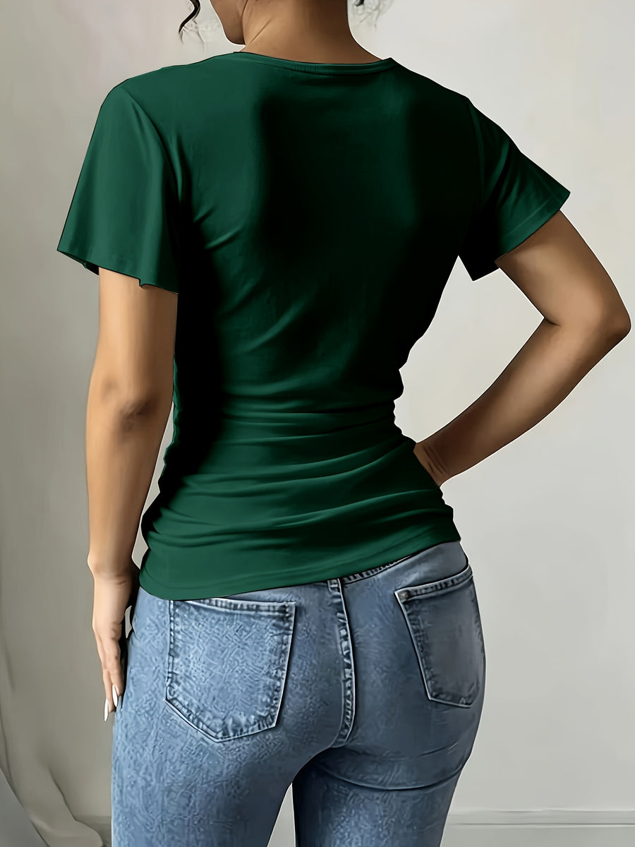 Women'S Spring Summer Casual V-Neck Solid Color Commuter T-Shirt - Green