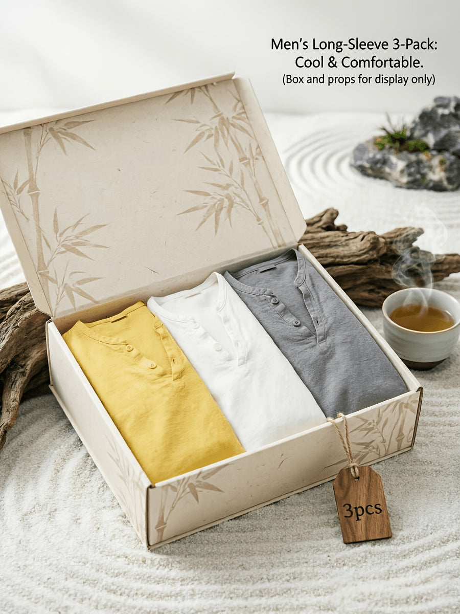 Men'S Linen Long-Sleeve 3pcs, Breathable Henley Neck Loose Fit T-Shirts for Spring And Autumn, Versatile for Business Casual, Commuting, And Lounging. (Box And Props for Display Solely) - Yellow+white+gray