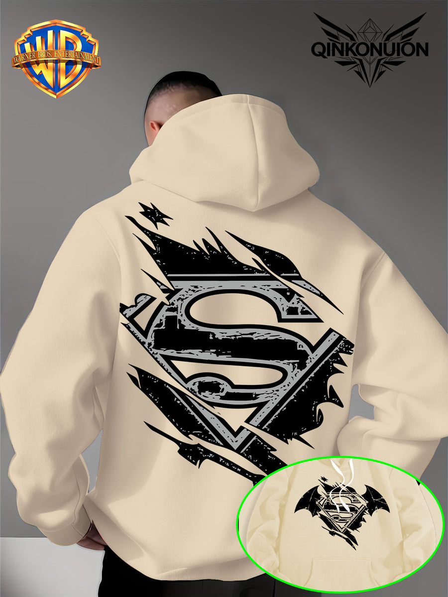 Warner Official Men's Hooded Sweatshirt, Black and White Distressed Batman Symbol Torn Wind Print Design, Machine Washable, Cozy and Comfortable Daily Drawstring Hooded Sweatshirt for Autumn and Winter, Versatile Sporty Casual Loose Fit - Apricot