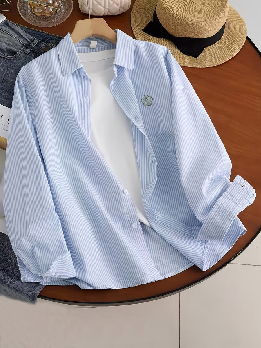 Versatile Basic Spring/Autumn Lightweight Niche Embroidered Patch Print Long Sleeve Thin Striped Loose Fit Multi-Color Casual Shirt - Sky Blue Version 02