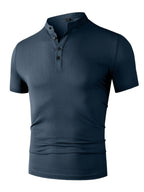 Men'S Waffle Texture Mandarin Collar Polo Shirts, Lightweight Quick-Dry Stretch Short Sleeve Summer Business Casual Tees - Blue